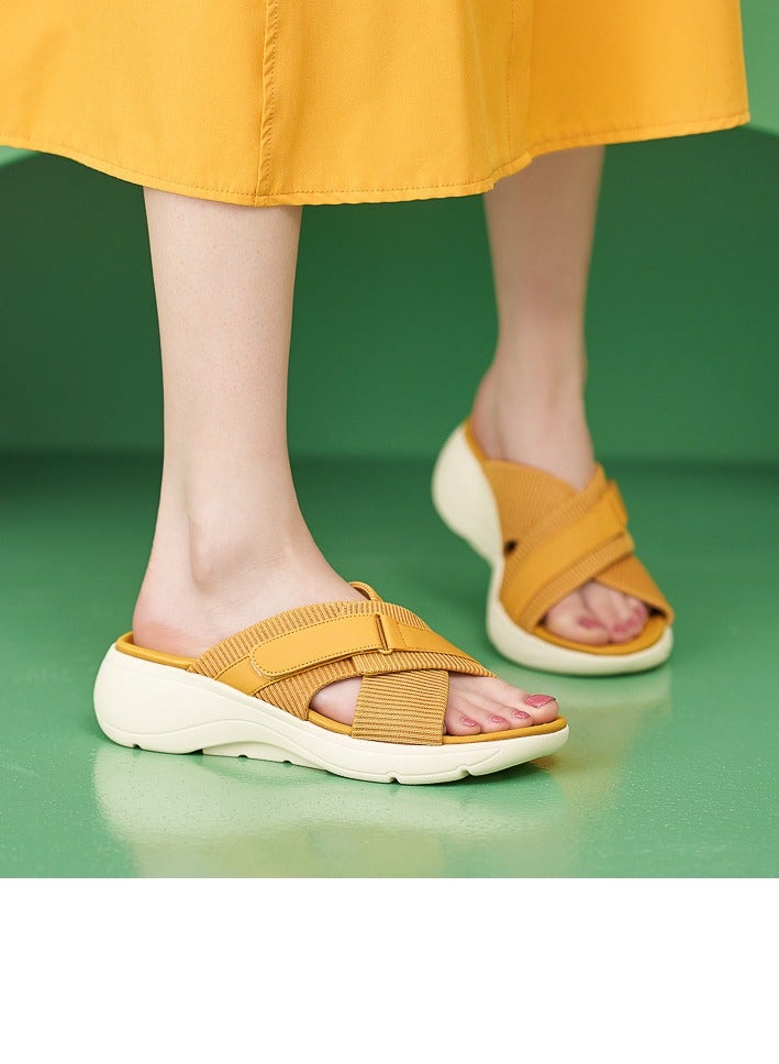 Loquat Womens Wedge Sandals Slippers Casual Sport Slip On Summer Shoes Yellow  - Image 1