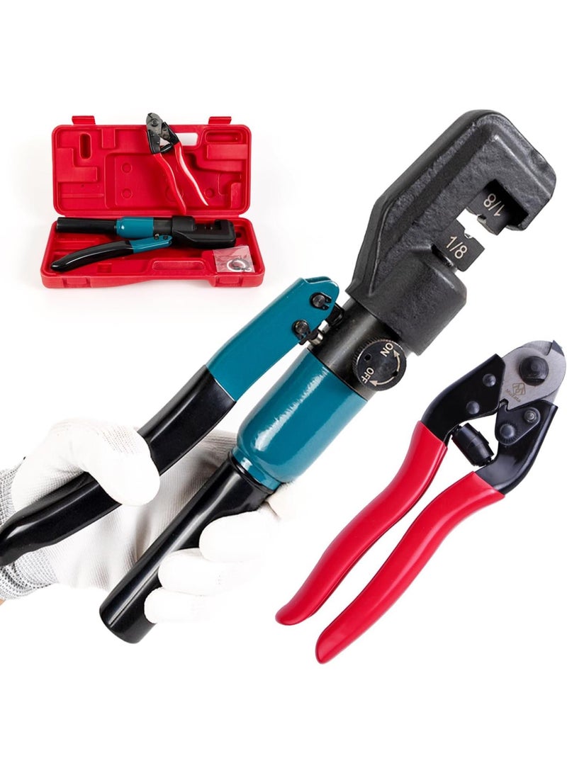 GGOOT 45KN Upgraded Custom Hydraulic Hand Crimper Tool for 1/8" Stainless Steel Cable Railing Kit Hardware Wire Rope Swaging 1Pair Dies with Wire Cable Cutter CR09 CK12, CT1 - Image 1