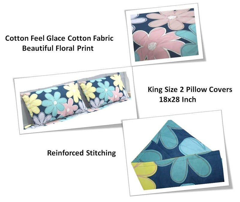 VOMZER 300 Tc Cotton Feel All Around Elastic Fitted Bedsheets King Size, Premium Elastic Fitted King Size Bed Sheet For Double Bed With 2 Pillow Covers, Size- 78" X 72" (Multi Flower) - Image 4