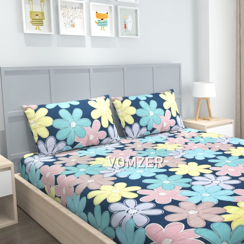 VOMZER 300 Tc Cotton Feel All Around Elastic Fitted Bedsheets King Size, Premium Elastic Fitted King Size Bed Sheet For Double Bed With 2 Pillow Covers, Size- 78" X 72" (Multi Flower) - Image 2