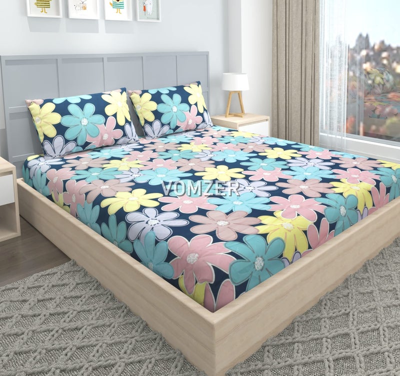 VOMZER 300 Tc Cotton Feel All Around Elastic Fitted Bedsheets King Size, Premium Elastic Fitted King Size Bed Sheet For Double Bed With 2 Pillow Covers, Size- 78" X 72" (Multi Flower) - Image 3
