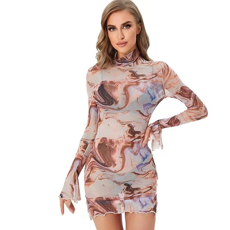 Sheer Printed Flared Sleeve Side Slit Bodycon Dress Midi Length