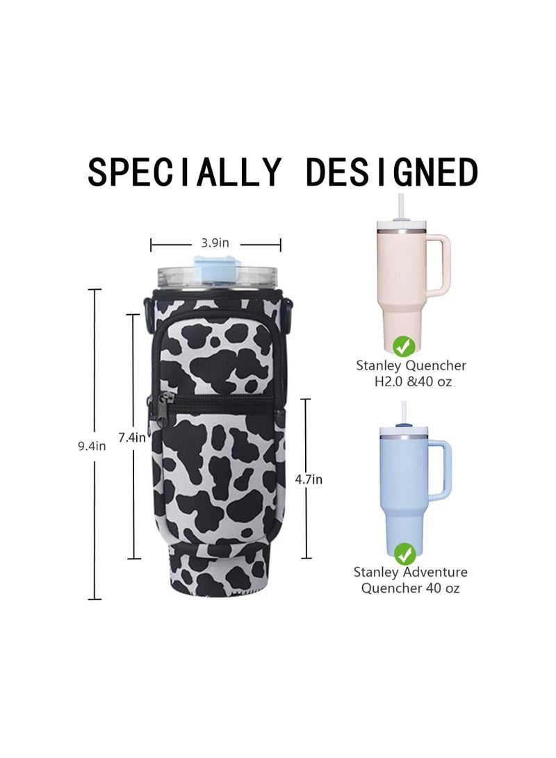 KASTWAVE Water Bottle Carrier Bag for Stanley 40 Oz Tumbler, Water Bottle Holder with Adjustable Shoulder Strap and Phone Pocket, Bottle Handbags for Walking Hiking Travelling, Cow Print - Image 2