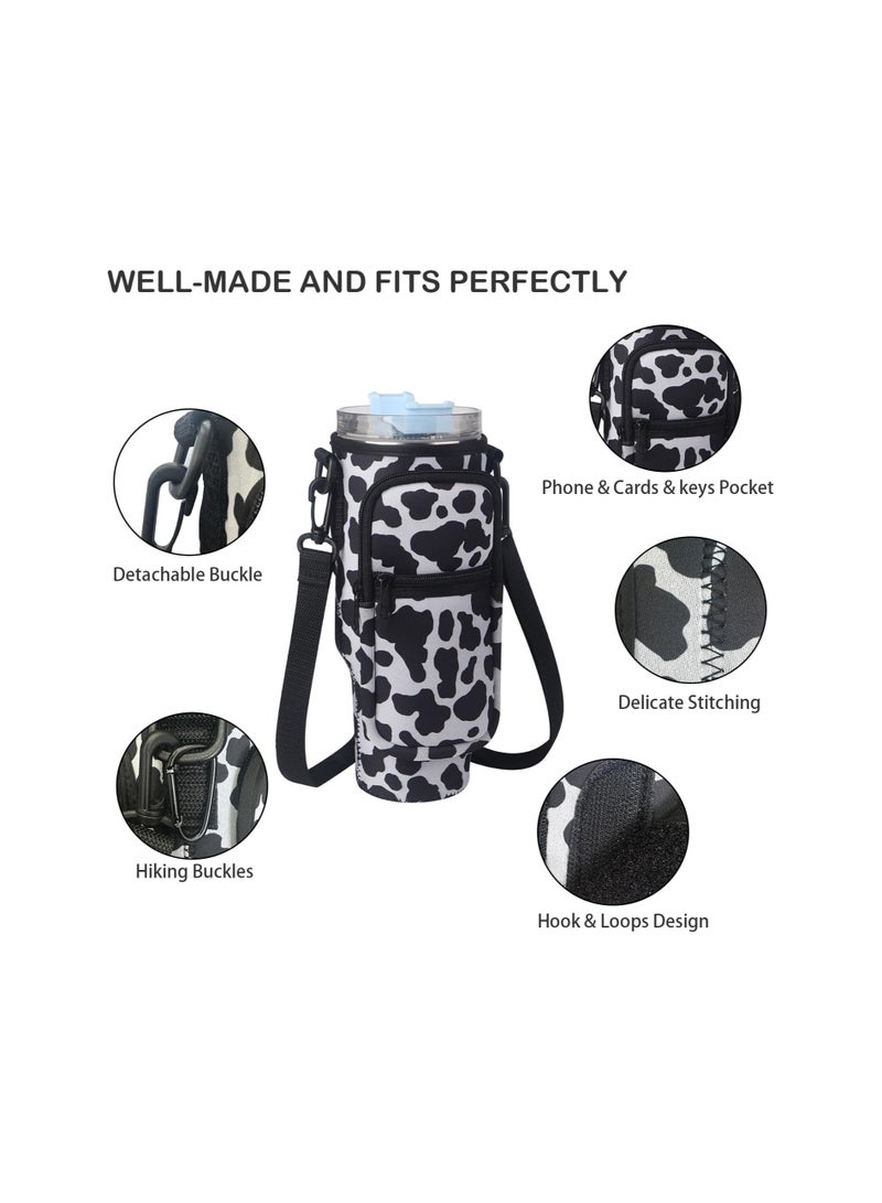 KASTWAVE Water Bottle Carrier Bag for Stanley 40 Oz Tumbler, Water Bottle Holder with Adjustable Shoulder Strap and Phone Pocket, Bottle Handbags for Walking Hiking Travelling, Cow Print - Image 5