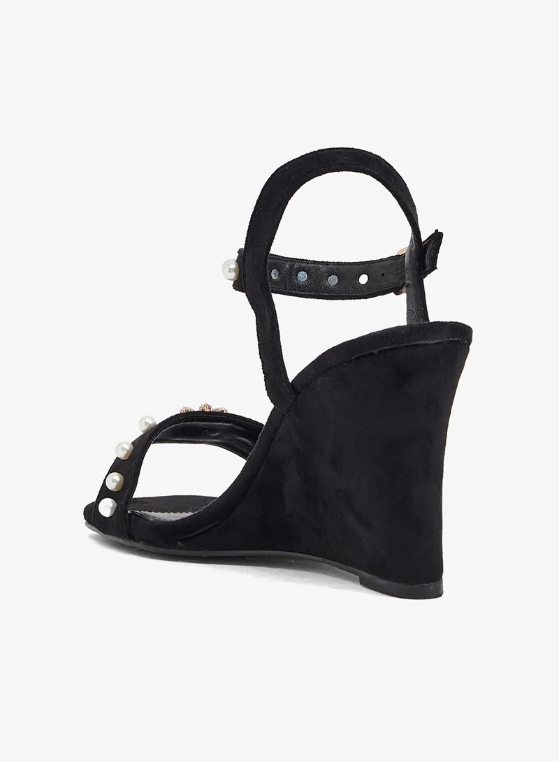 Khizana Black Black wedge sandal with pearl strap and crystal flower embellishment for Women | Best Price UAE
