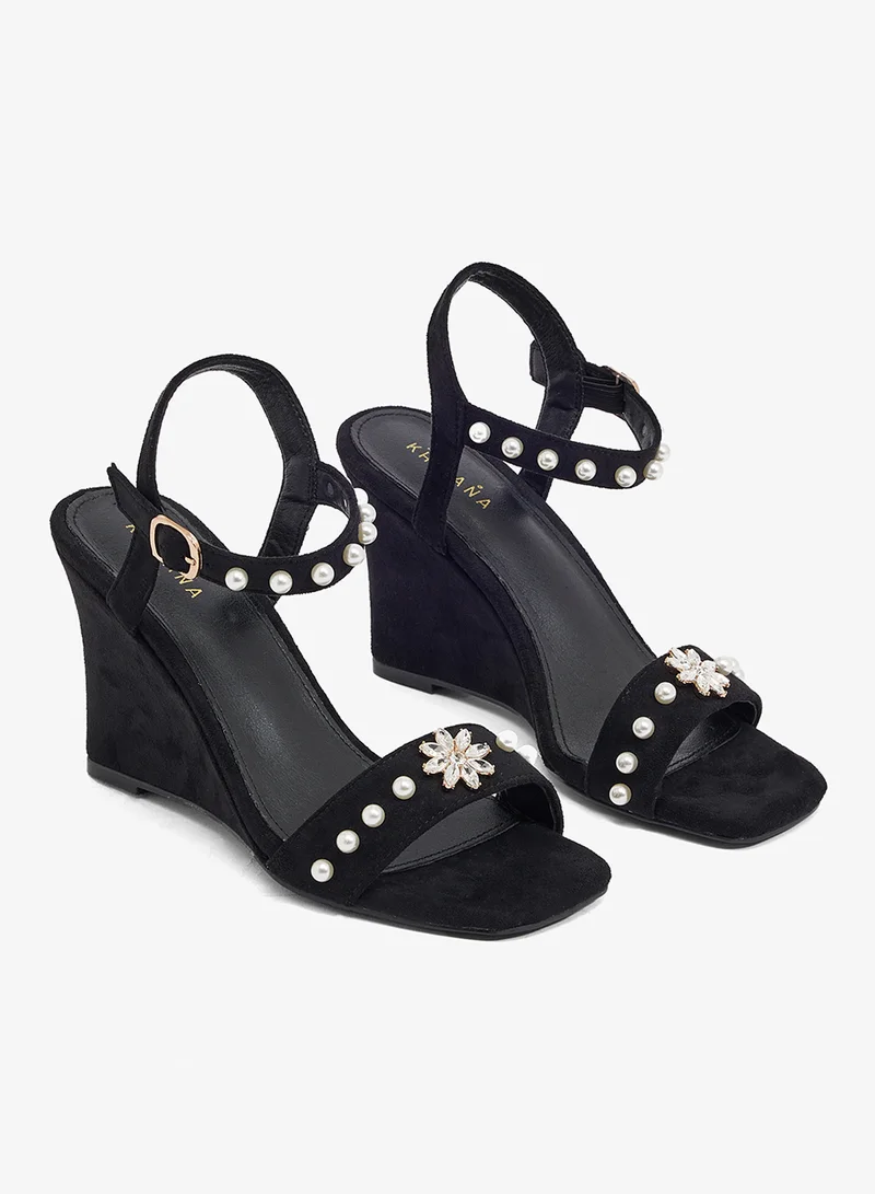 Khizana Black Black wedge sandal with pearl strap and crystal flower embellishment for Women | Best Price UAE