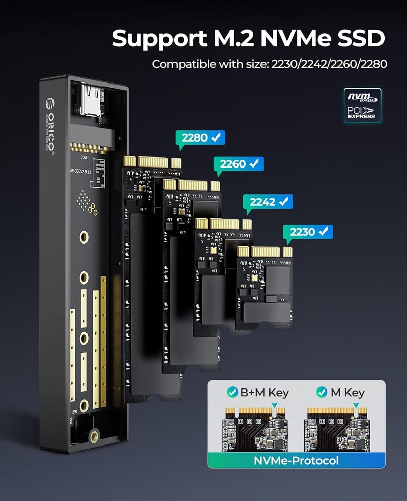 Orico حافظة SSD NVMe M.2، USB 3.1 الجيل 2 (10 جيجابت في الثانية) إلى حافظة SSD NVMe PCI-E M.2 تدعم UASP لحجم SSD NVMe 2230/2242/2260/2280 (حتى 4 تيرابايت) (M.2 NVMe) - Image 2