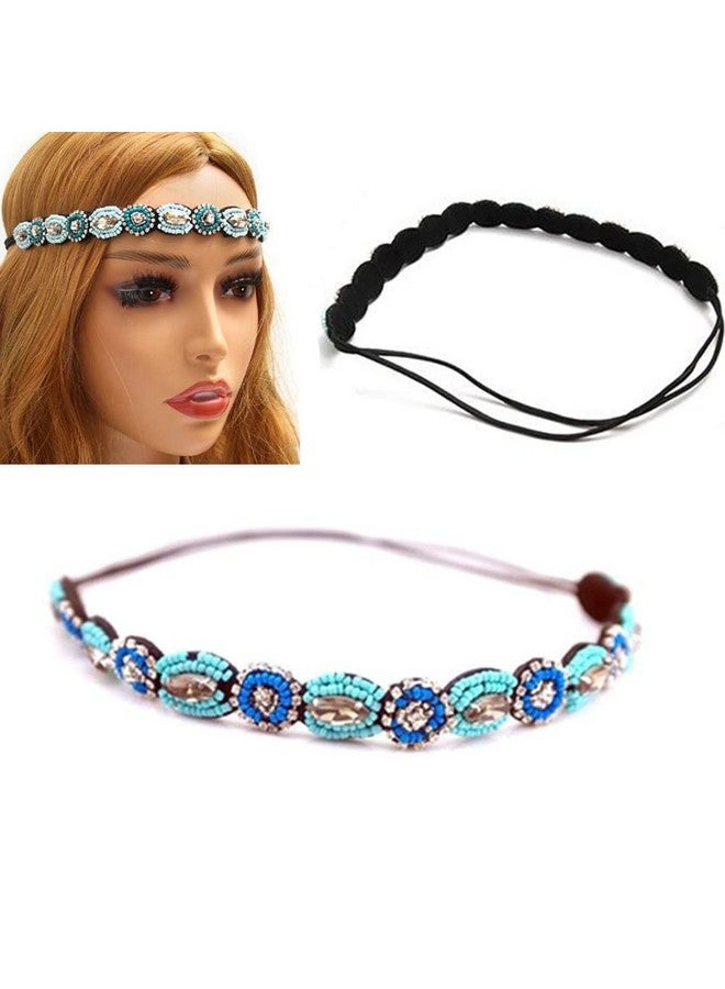 Jilukibo إكسسوار رأس يدوي الصنع من كريستال الراينستون مع خرز أسلوب ريترو رباط شعر مرن مجوهرات إكسسوارات شعر للنساء والفتيات والعرايس (أزرق) - Image 2