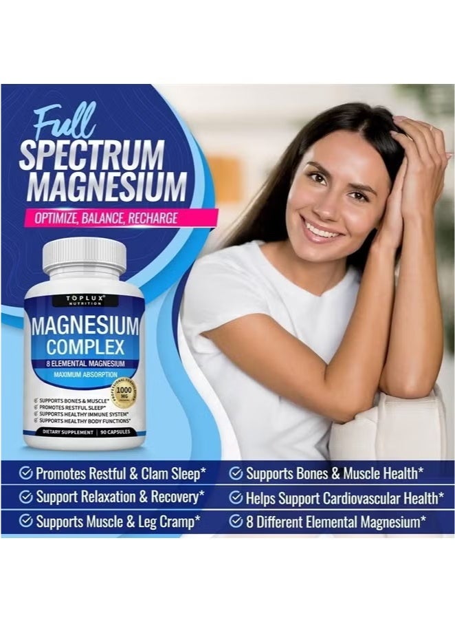 Toplux Magnesium Complex Supplement 8 Elemental Magnesium 1000mg - Magnesium Glycinate, Citrate, Malate, Taurate, Chelated for Easy Absorption for Bones, Muscle, Recovery, Energy, Vegan Non-GMO 90 Capsules - Image 5