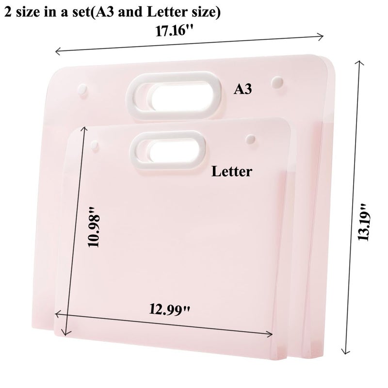 Sohynca 2pcs Plastic Art Portfolio Folder 17.32x13.22inch and 12.99x11inch Arts Storage case for Diamond Painting, Student Drawing Container, Kids Artworks Keepsakes Storage Case,A3 and Letter Size (Pink) - Image 2
