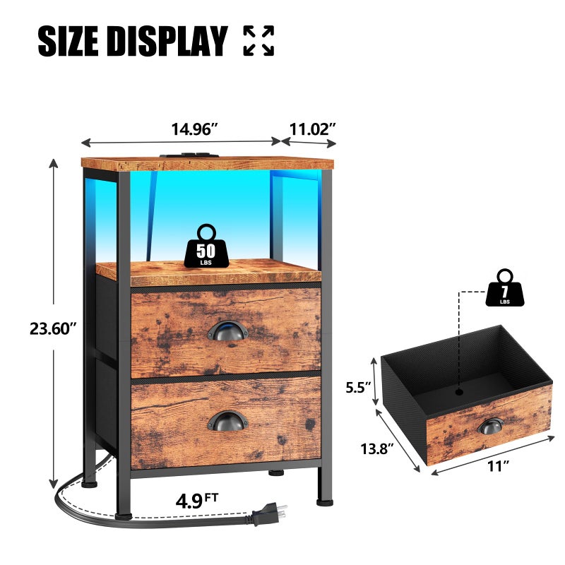 Furologee Nightstands Set of 2 Charging Station, End Tables with LED Lights, Nightstands with 2 Fabric Drawers and Shelves, Bedside Tables for Living Room/Bedroom,Rustic Brown - Image 3