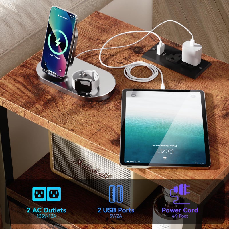 Furologee Nightstands Set of 2 Charging Station, End Tables with LED Lights, Nightstands with 2 Fabric Drawers and Shelves, Bedside Tables for Living Room/Bedroom,Rustic Brown - Image 4