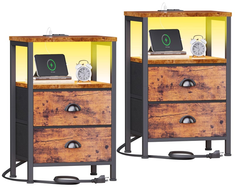 Furologee Nightstands Set of 2 Charging Station, End Tables with LED Lights, Nightstands with 2 Fabric Drawers and Shelves, Bedside Tables for Living Room/Bedroom,Rustic Brown - Image 1