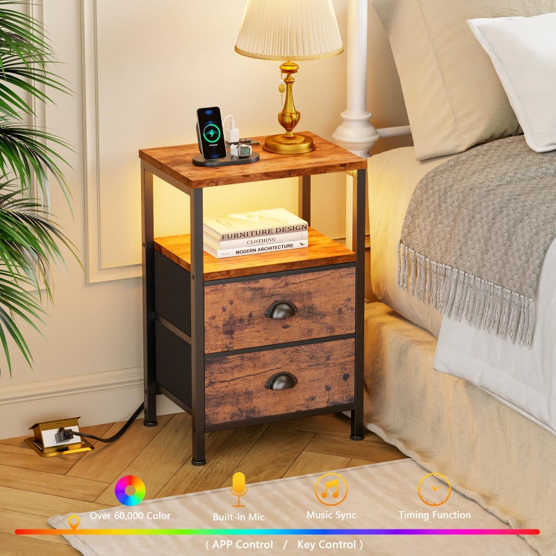 Furologee Nightstands Set of 2 Charging Station, End Tables with LED Lights, Nightstands with 2 Fabric Drawers and Shelves, Bedside Tables for Living Room/Bedroom,Rustic Brown - Image 5