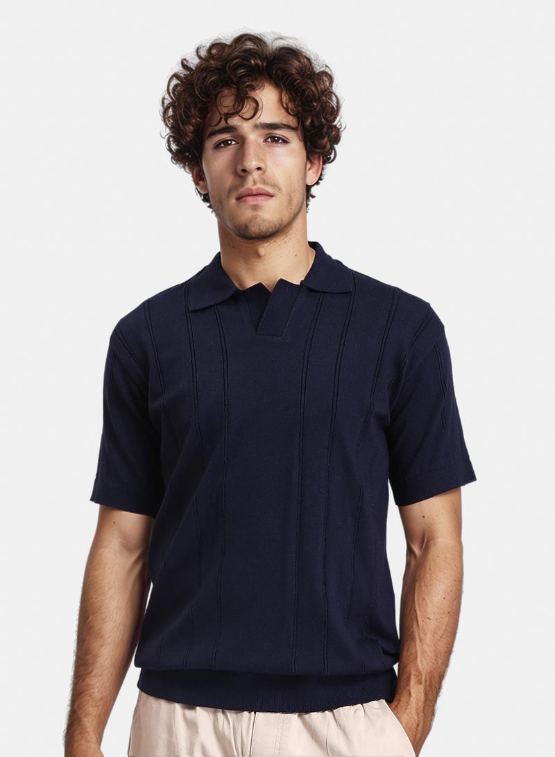 RAVIN Men Neck Polo – Navy Blue Ribbed Short Sleeve - Image 1