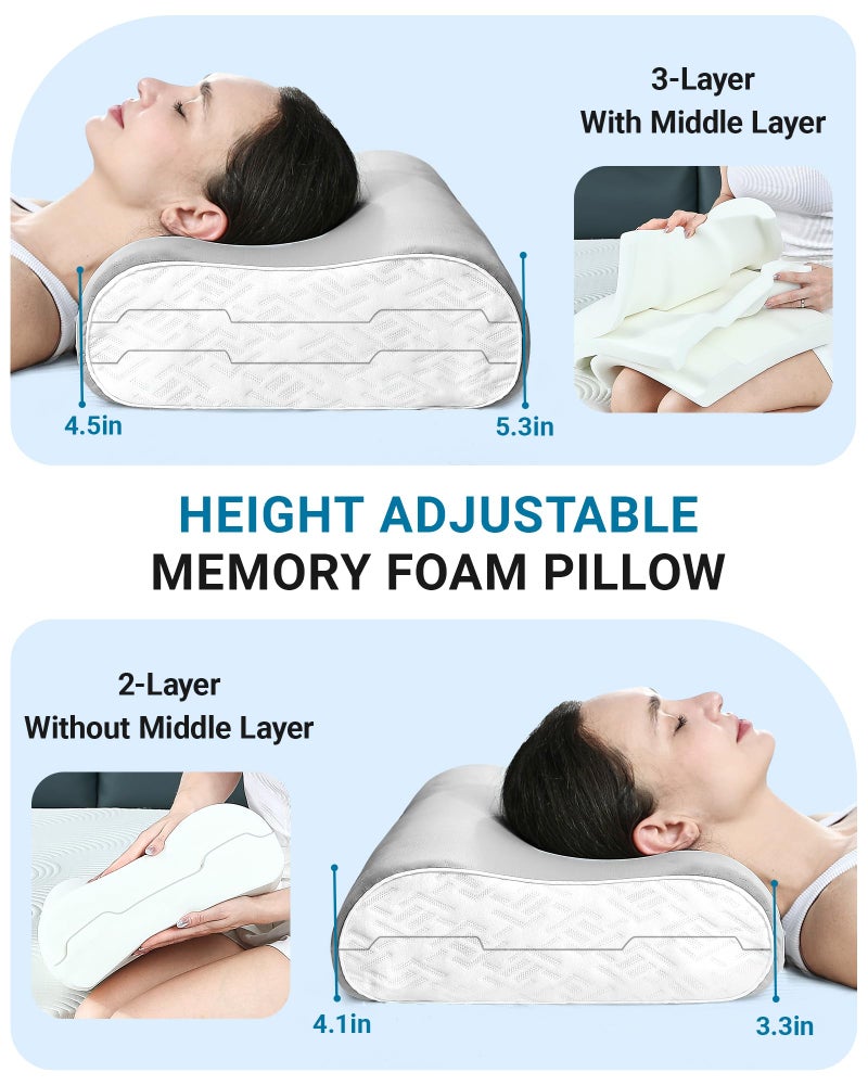 Elviros Memory Foam Pillows for Neck Pain Relief, Adjustable Height Ergonomic Orthopedic Pillow for Sleeping, Cervical Neck Pillow for Side and Back Sleepers, Queen Size, 23.6"Ã—14"Ã—5.3" - Image 2