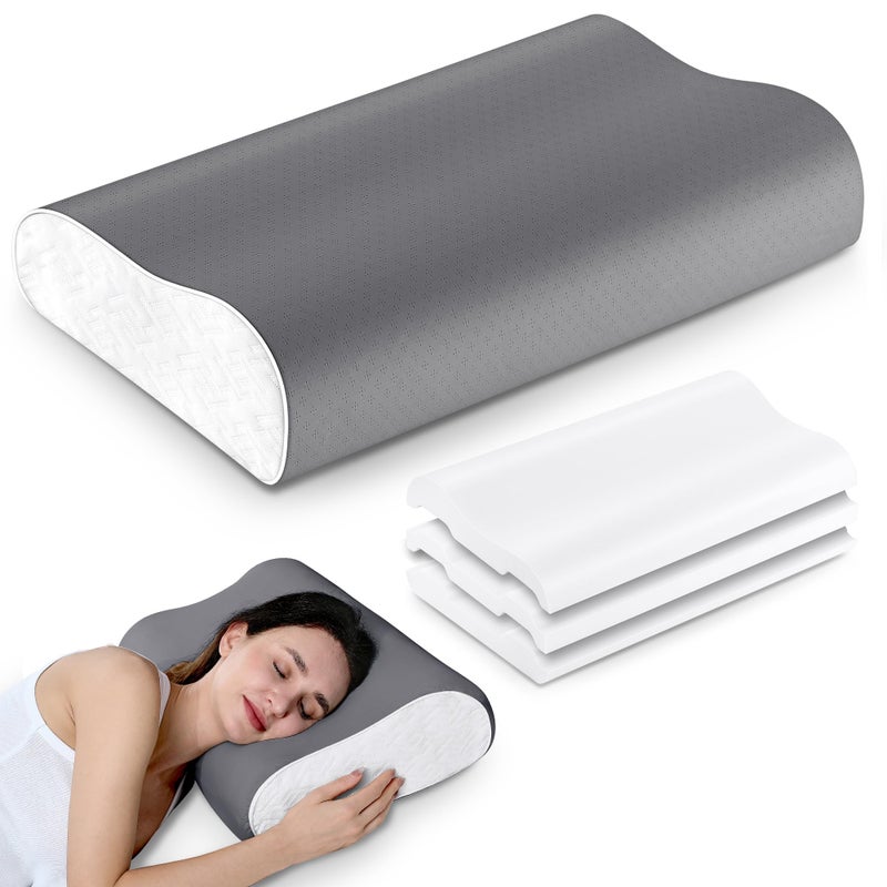 Elviros Memory Foam Pillows for Neck Pain Relief, Adjustable Height Ergonomic Orthopedic Pillow for Sleeping, Cervical Neck Pillow for Side and Back Sleepers, Queen Size, 23.6"Ã—14"Ã—5.3" - Image 1
