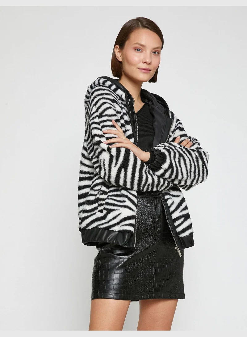 كوتون Zebra Patterned Hooded Plush Jacket
