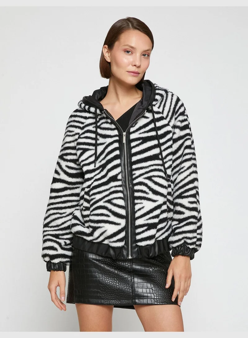 كوتون Zebra Patterned Hooded Plush Jacket
