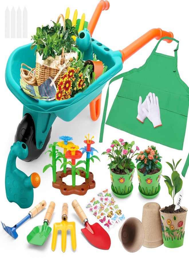 deAO Kids Gardening Tools Set Garden Outdoor Toys with Wheelbarrow, Watering Can,Flower Garden Building Toy, Pretend Play Outdoor Indoor Toy for Boys Girls - Image 2