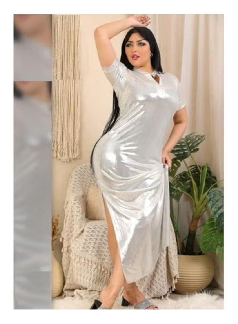 Egyptian Folkor Women's dance dress  with a V-neck, short sleeves, and double-sided leg slit in White color . - Image 2