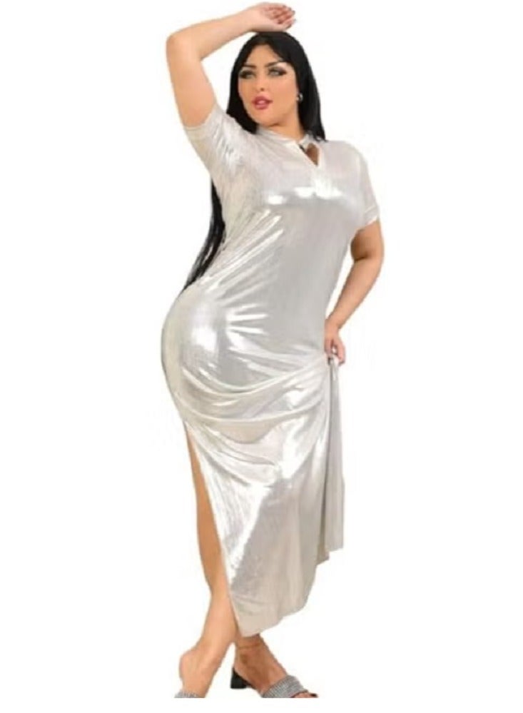 Egyptian Folkor Women's dance dress  with a V-neck, short sleeves, and double-sided leg slit in White color . - Image 1