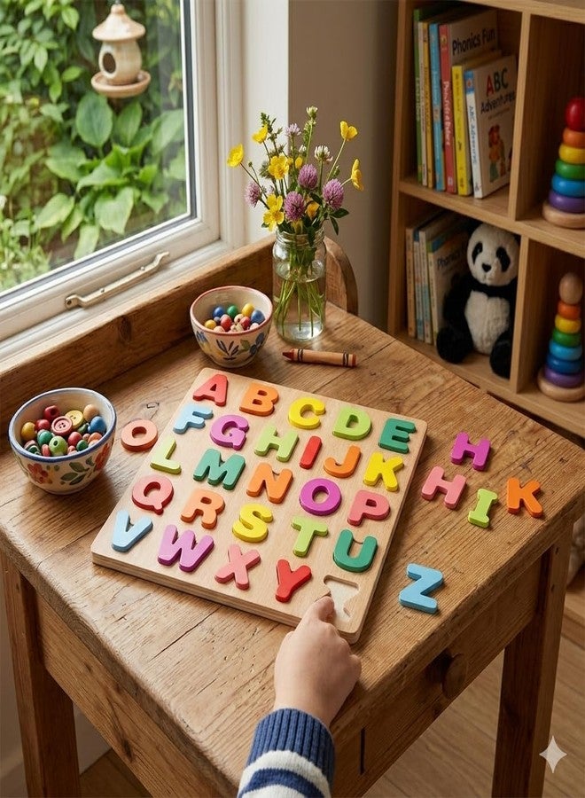 AASHRIT Wooden Alphabet ABC Shapes Puzzles for Kids | ABC Puzzle Board for Toddlers | Preschool Educational Learning Letter Toys, Montessori Sturdy Wooden Construction Puzzle RWA-23 - Image 1