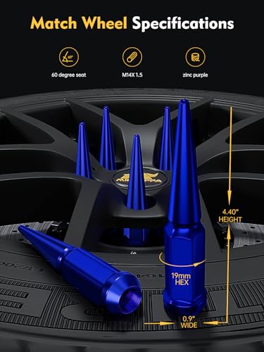 MIKKUPPA M14x1.5 Wheel Spike Lug Nuts, 32 PCS Blue Spiked Lug Nuts 14mmx1.5 Solid 4.4" Tall Acorn Lug Nut with 1 Socket Key Replacement for Chevy Silverado 1500 2500 3500, F150 F250 F350 - Image 2