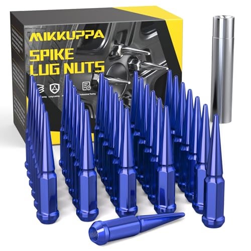 MIKKUPPA M14x1.5 Wheel Spike Lug Nuts, 32 PCS Blue Spiked Lug Nuts 14mmx1.5 Solid 4.4" Tall Acorn Lug Nut with 1 Socket Key Replacement for Chevy Silverado 1500 2500 3500, F150 F250 F350 - Image 1