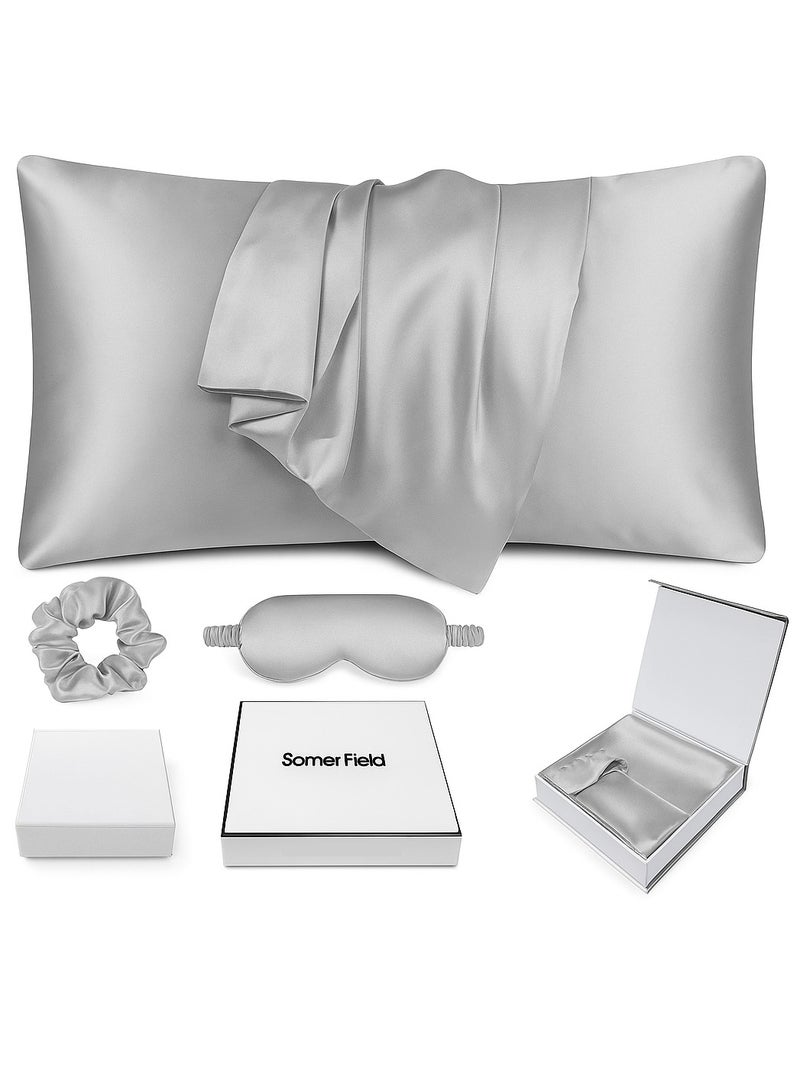 حقل سومر مجموعة نوم حريرية من سومر فيلد، مكونة من 3 قطع - غطاء وسادة، قناع للعين، وربطة شعر - هدية فاخرة وناعمة للعناية بالبشرة والشعر (رمادي)