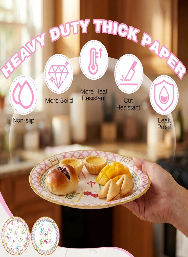 Soulchen 50 Pcs Mahjong Party Plates Set 7 Inch Mahjong Party Supplies Pink Disposable for Gift Special Events Bridal Showers Wedding Anniversary Traditional Chinese Symbols Tableware Dinnerware Home - Image 3