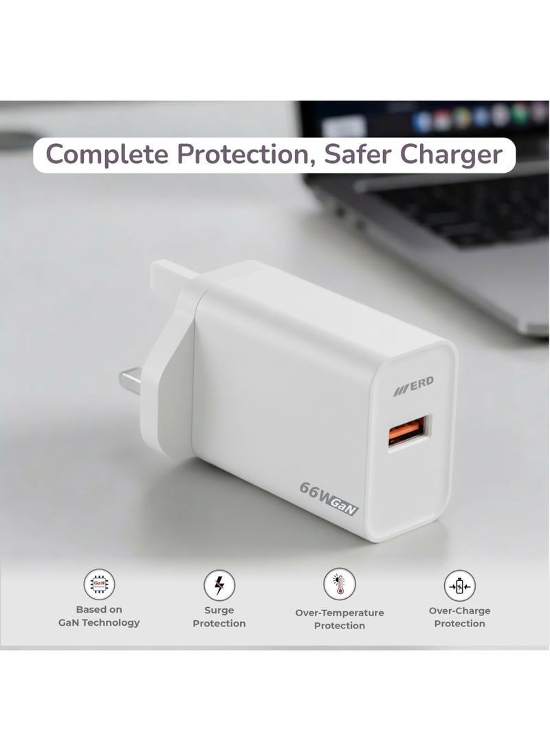 ERD شاحن سريع ERD 66W GaN مع كابل USB-A إلى USB-C | تقنية نيتريد الغاليوم عالية الكفاءة | توافق عالمي مع MacBook Air و iPhone 15/14/13 Pro Max و iPad و Samsung Galaxy وأجهزة الكمبيوتر المحمولة USB-C | محول سفر فائق الصغر مع حماية متعددة الطبقات (أبيض) - Image 3