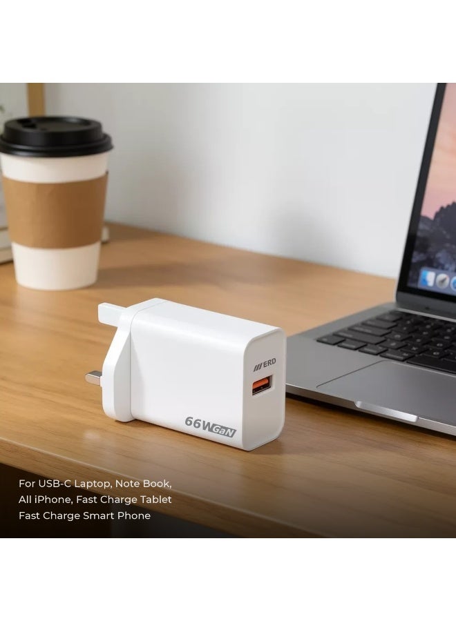 ERD شاحن سريع ERD 66W GaN مع كابل USB-A إلى USB-C | تقنية نيتريد الغاليوم عالية الكفاءة | توافق عالمي مع MacBook Air و iPhone 15/14/13 Pro Max و iPad و Samsung Galaxy وأجهزة الكمبيوتر المحمولة USB-C | محول سفر فائق الصغر مع حماية متعددة الطبقات (أبيض) - Image 4