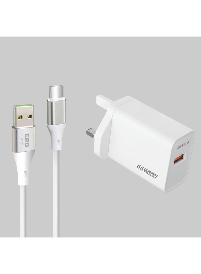 ERD شاحن سريع ERD 66W GaN مع كابل USB-A إلى USB-C | تقنية نيتريد الغاليوم عالية الكفاءة | توافق عالمي مع MacBook Air و iPhone 15/14/13 Pro Max و iPad و Samsung Galaxy وأجهزة الكمبيوتر المحمولة USB-C | محول سفر فائق الصغر مع حماية متعددة الطبقات (أبيض) - Image 2