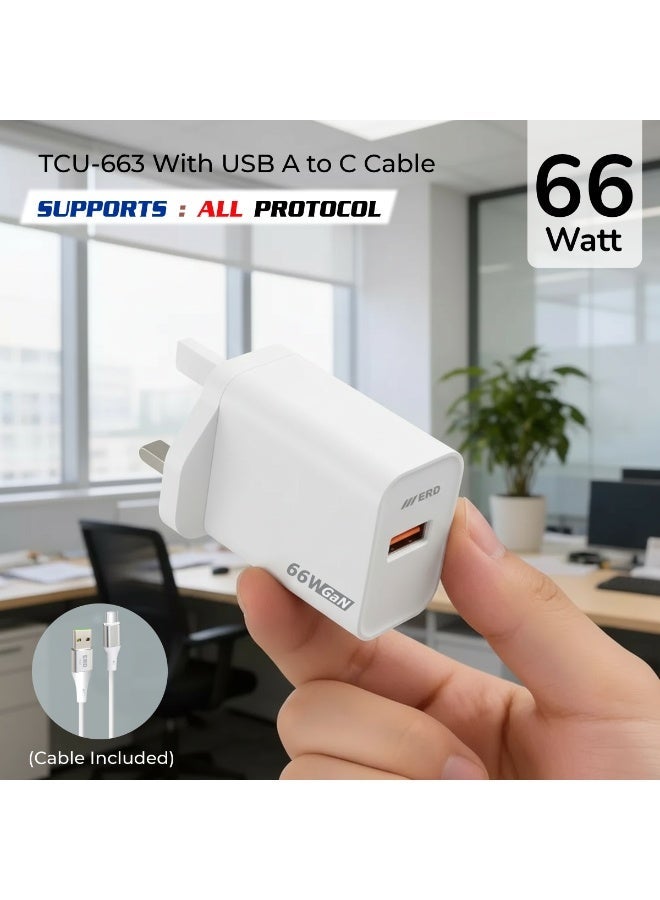 ERD شاحن سريع ERD 66W GaN مع كابل USB-A إلى USB-C | تقنية نيتريد الغاليوم عالية الكفاءة | توافق عالمي مع MacBook Air و iPhone 15/14/13 Pro Max و iPad و Samsung Galaxy وأجهزة الكمبيوتر المحمولة USB-C | محول سفر فائق الصغر مع حماية متعددة الطبقات (أبيض) - Image 1