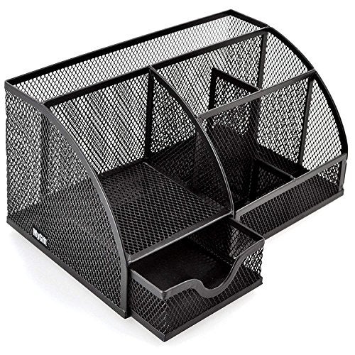 SUKHAD 6 Compartment And 1 Drawer Metal Desk Organizer, 8.8 x 5.5 x 5 Inch, Black - Image 1