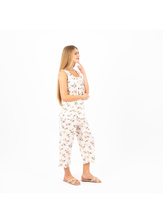zecotex  Women's Summer Pajama Set – 100% Cotton Sleeveless Top & Capri Pants – Floral Print – Soft & Breathable Lounge & Sleepwear – Sizes S to 2XL  - Image 3