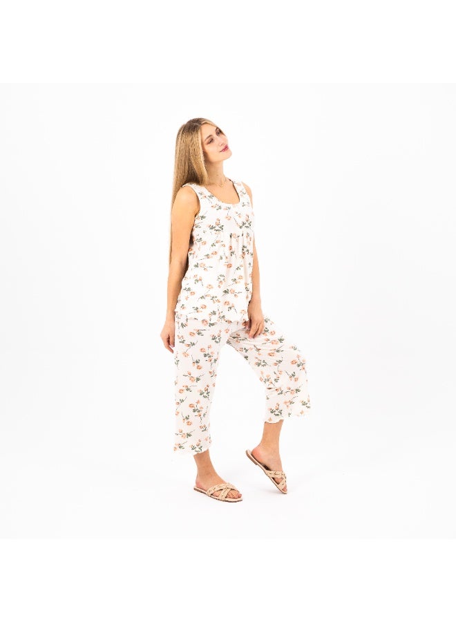 zecotex  Women's Summer Pajama Set – 100% Cotton Sleeveless Top & Capri Pants – Floral Print – Soft & Breathable Lounge & Sleepwear – Sizes S to 2XL  - Image 4