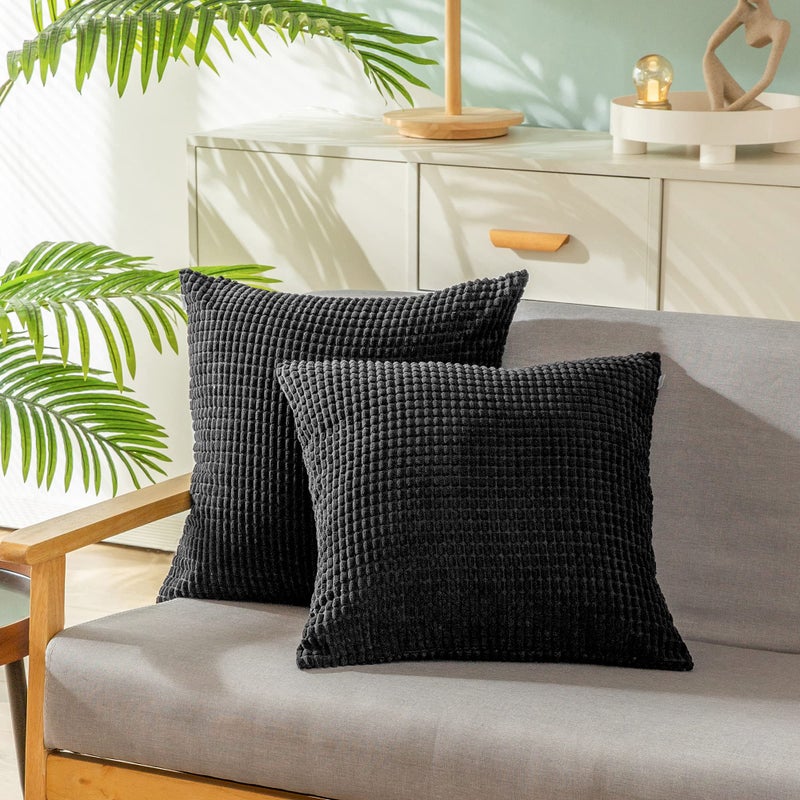 CaliTime CaliTime Throw Pillow Covers Pack of 2 Comfy Corduroy Corn Striped Waffle Decorative Cushion Cases for Couch Sofa Bed Farmhouse 26 X 26 Inches Black  - Image 1