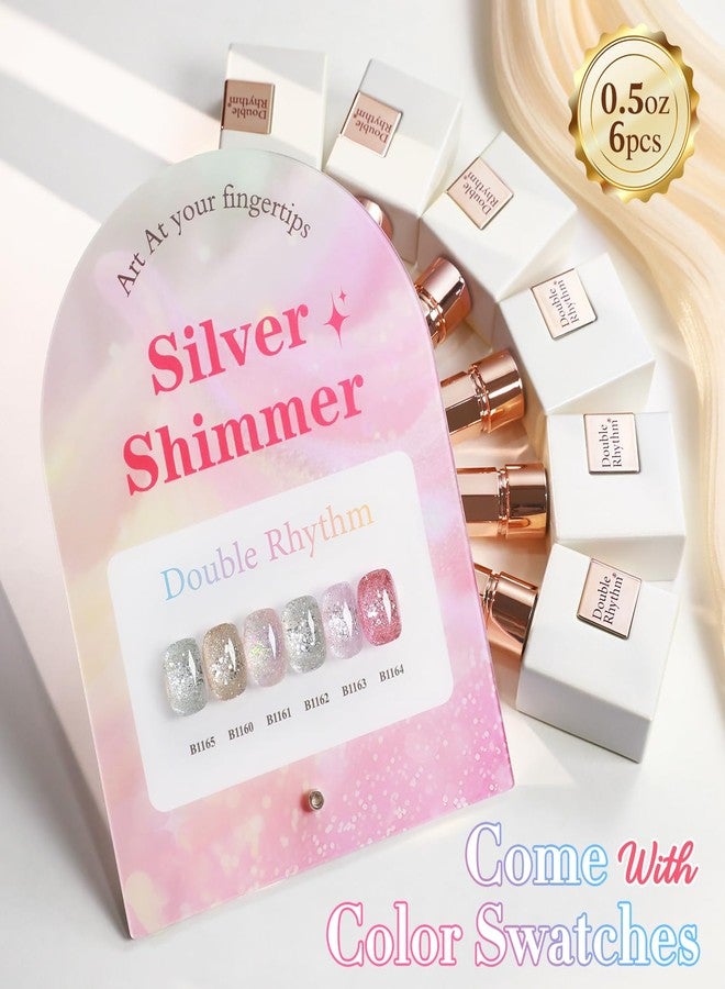 Double Rhythm 0.5 Oz Glitter Gel Polish Set of 6 Color with Display Board 15 ml Full Size Kit Shimmer Reflective Sparkle Soak Off Manicure Salon DIY at Home (Gold Silver Light Pink Rose-T6-35) - Image 2