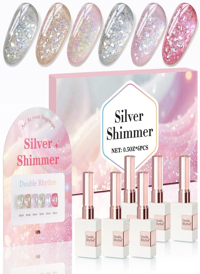 Double Rhythm 0.5 Oz Glitter Gel Polish Set of 6 Color with Display Board 15 ml Full Size Kit Shimmer Reflective Sparkle Soak Off Manicure Salon DIY at Home (Gold Silver Light Pink Rose-T6-35) - Image 1