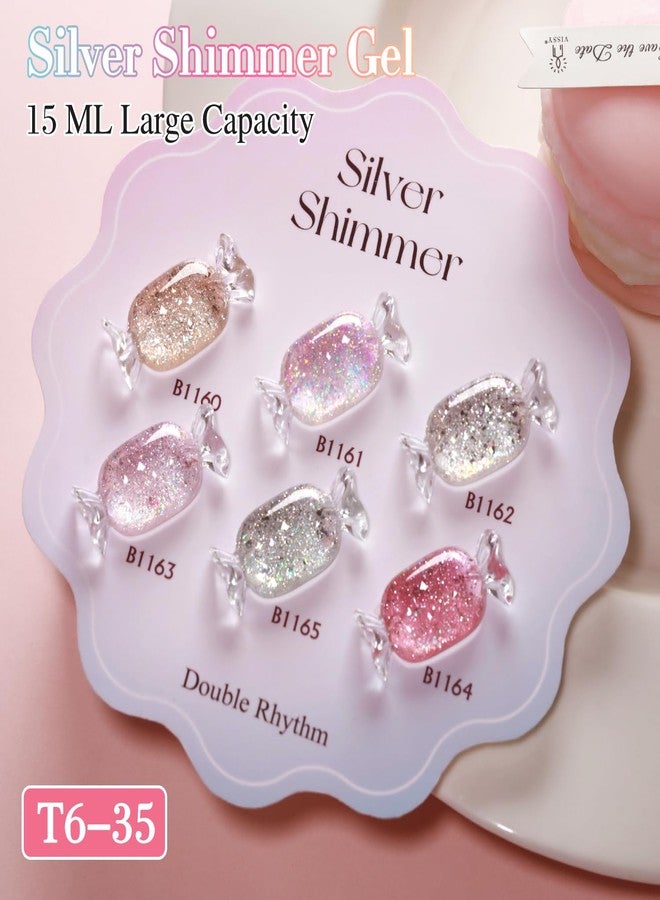 Double Rhythm 0.5 Oz Glitter Gel Polish Set of 6 Color with Display Board 15 ml Full Size Kit Shimmer Reflective Sparkle Soak Off Manicure Salon DIY at Home (Gold Silver Light Pink Rose-T6-35) - Image 4