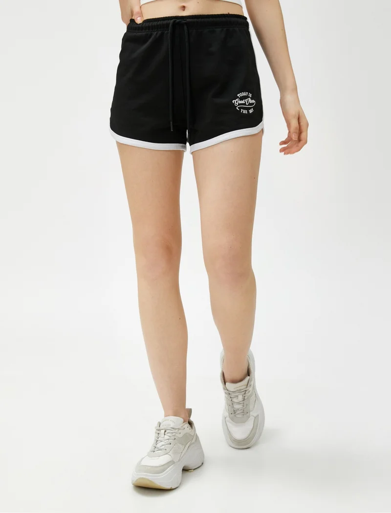 KOTON Mini Shorts with Lace Waist and Embroidered Piping Detail