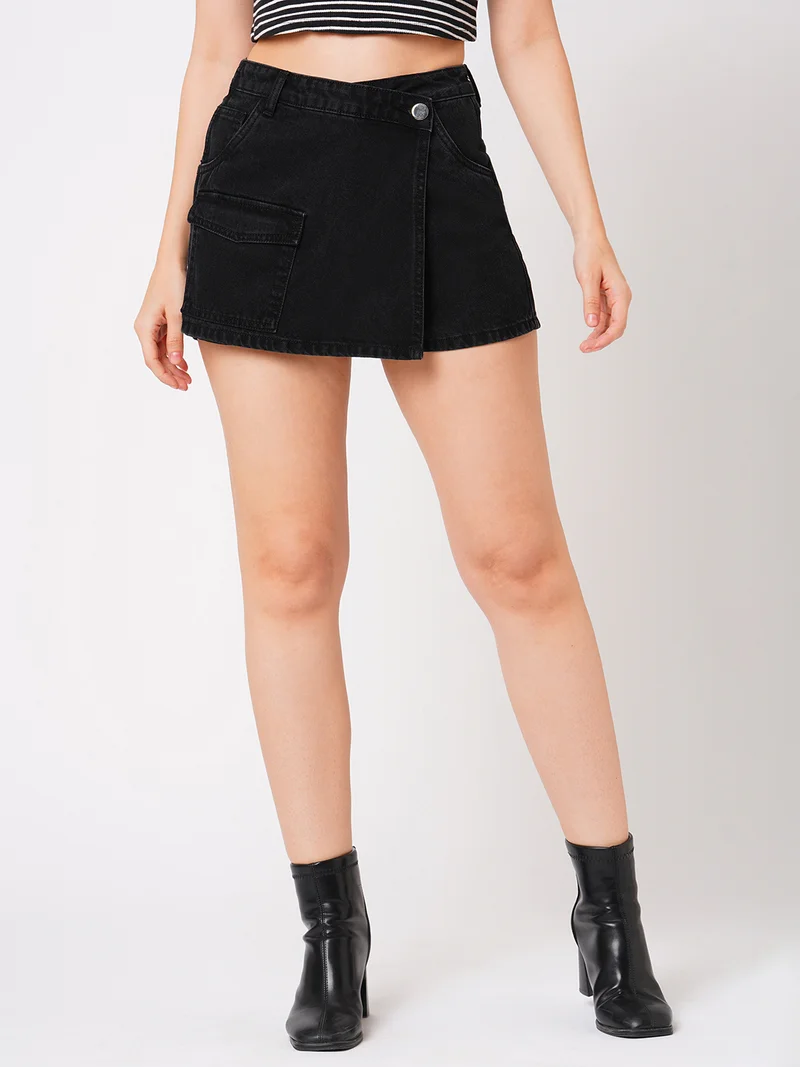 globus Globus Women Slim Fit Mid-Rise Front Pocket Denim Skorts
