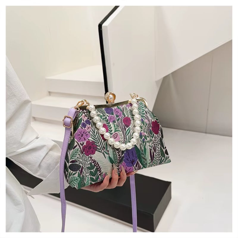 Flower embroidery crossbody bag with clasp design and pearl chain strap - Image 5