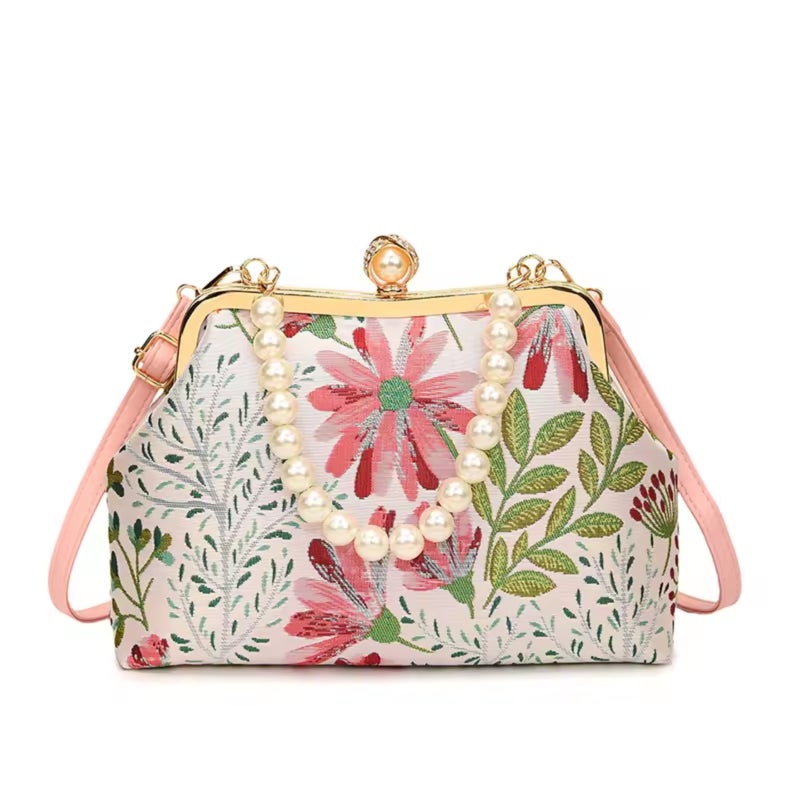 Flower embroidery crossbody bag with clasp design and pearl chain strap - Image 1