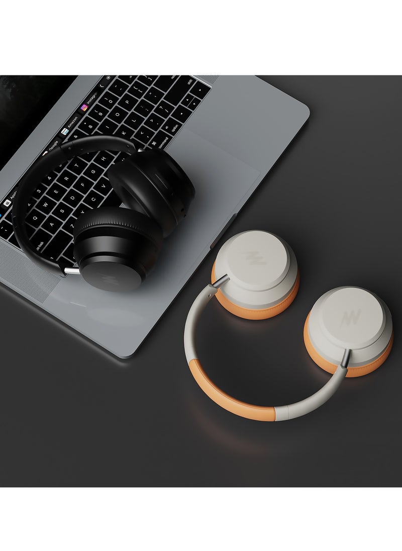 Mezone - Antonio Active Noise Cancelling Headphones, Wireless Bluetooth On-Ear Headphone with Mic, Deep Bass, Up to 30H Playtime, Type C Charging & Adjustable Headband Base, Walnut Cream - Image 1