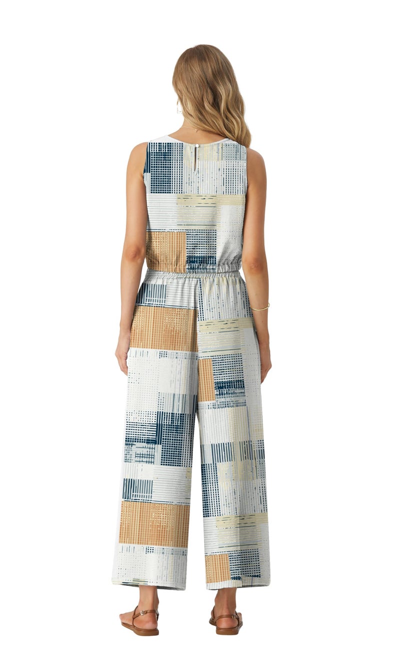 GRECERELLE Two Piece Sets for Women Sleeveless Crop Top Wide Leg Pants Travel Outfits for Women 2026 FP-Beige Gray Geometry-L - Image 3