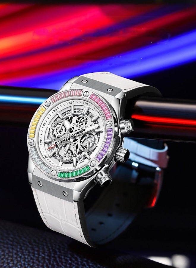 ONOLA ​​ONOLA Men's Multifunction Rainbow Silver White Leather Strap Quartz Watch - 30M Water Resistant, Fashionable Style for Casual & Social Occasions​​ - Image 4