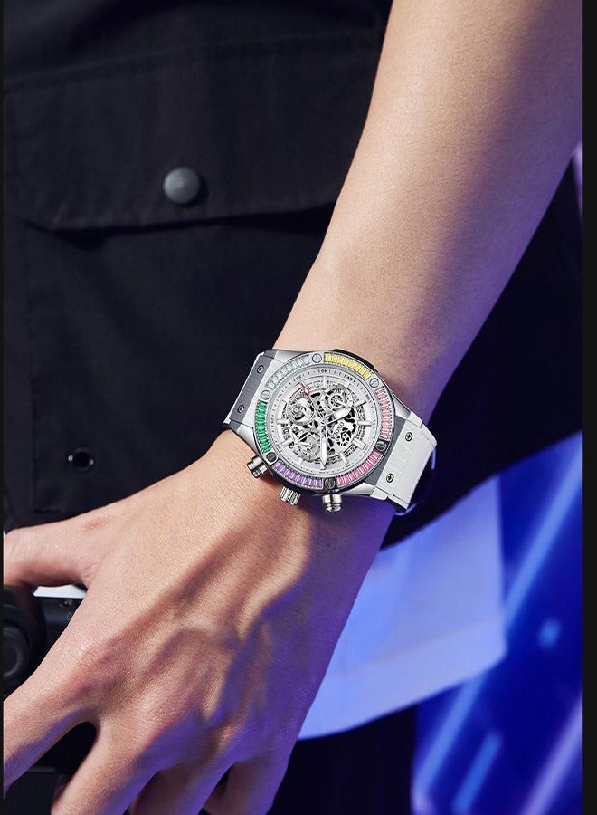 ONOLA ​​ONOLA Men's Multifunction Rainbow Silver White Leather Strap Quartz Watch - 30M Water Resistant, Fashionable Style for Casual & Social Occasions​​ - Image 5